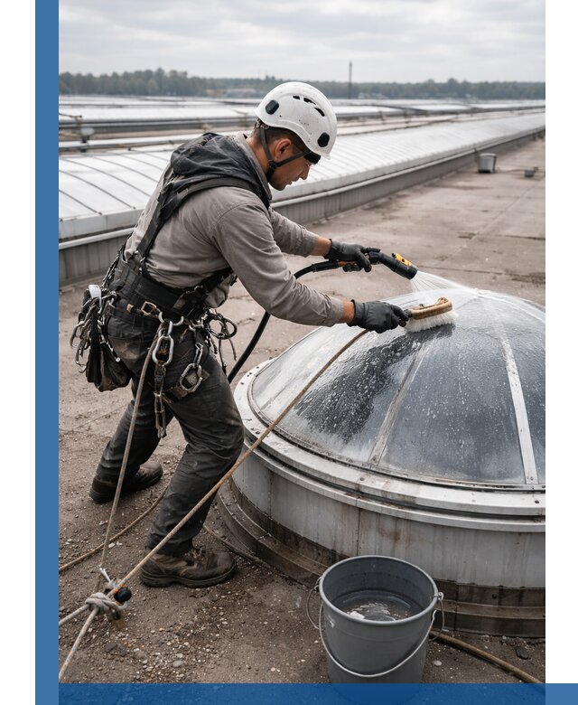 Мойка зенитных фонарей на кровле для промышленных объектов в Протвине