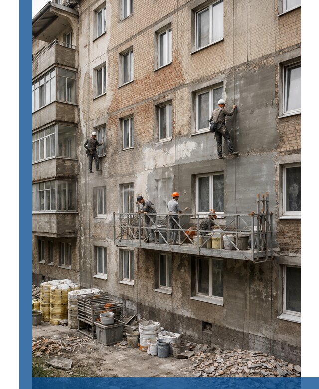 Капитальный ремонт фасада в Протвине с восстановлением и гидроизоляцией