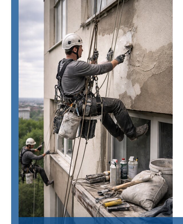 Косметический ремонт фасада зданий в Протвине промышленными альпинистами