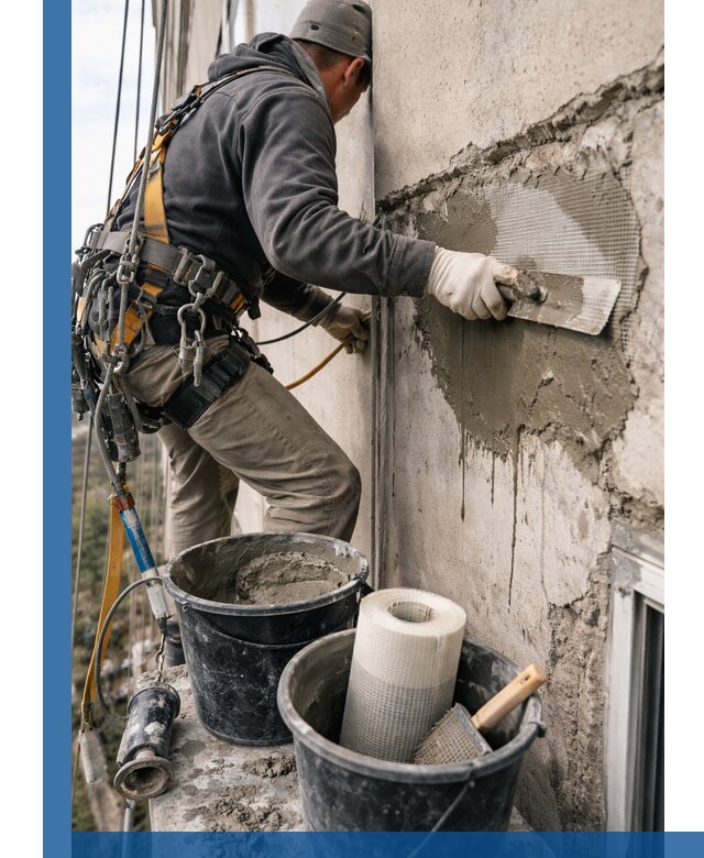 Ремонт бетонных элементов фасада промышленными альпинистами в Протвине