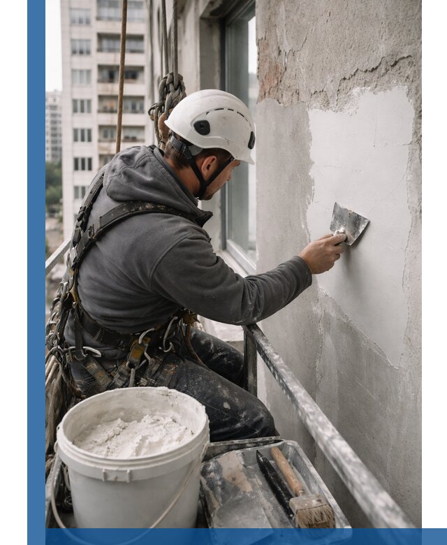 Шпаклевка фасадов на высоте с промальпинистами в Протвине