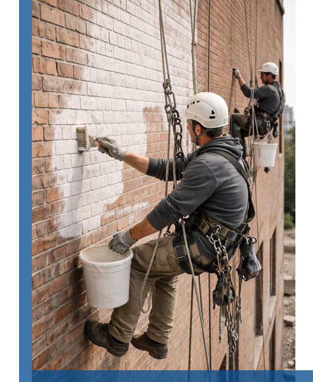 Покраска кирпичного фасада с доступным альпинистским сервисом в Протвине