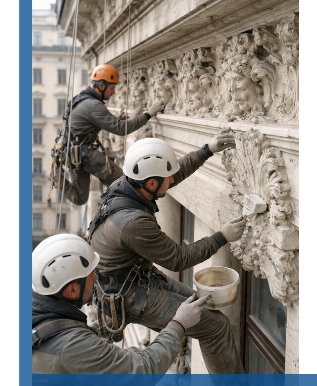 Реставрация фасадной лепнины с высотными работами в Протвине