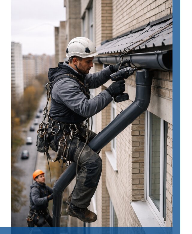 Монтаж водосточной системы на здании в Протвине от 5088 р. | ВЫСОТНИК-Прн