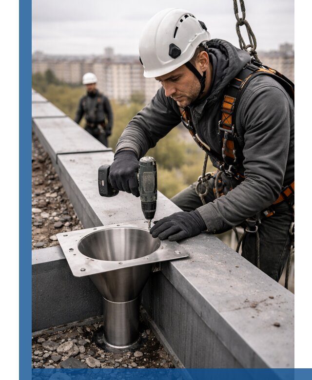 Монтаж водосточных воронок в Протвине для промышленных зданий