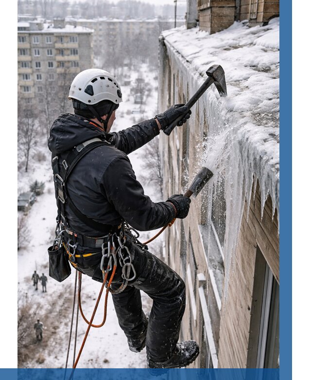 Сбивание сосулек с крыши в Протвине по цене от 4579 р. | ВЫСОТНИК-Прн