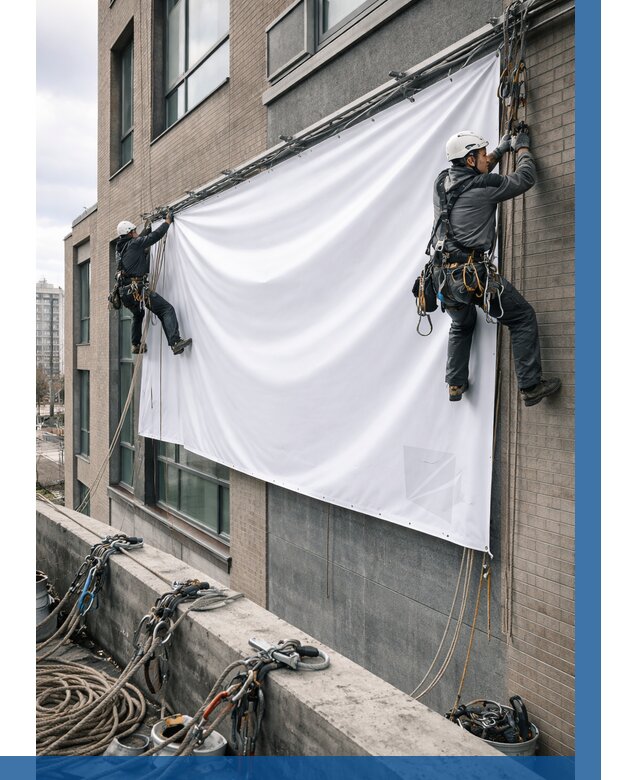 Монтаж баннеров на фасаде в Протвине от 661 р. заказать ВЫСОТНИК-Прн