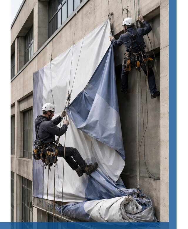 Демонтаж баннеров с фасада в Протвине от 4579 р. | ВЫСОТНИК-Прн