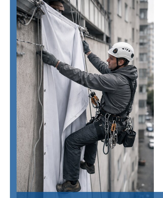 Замена баннерного полотна промышленными альпинистами в Протвине