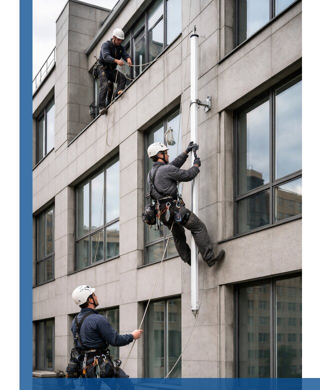 Монтаж флагштока на фасаде здания с креплением и герметикой в Протвине