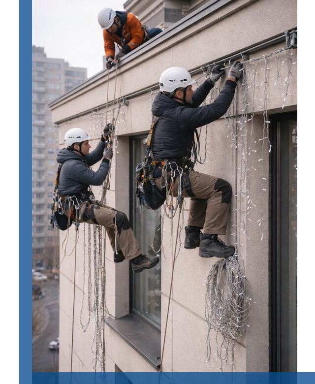 Монтаж праздничных гирлянд на фасаде в Протвине для зданий