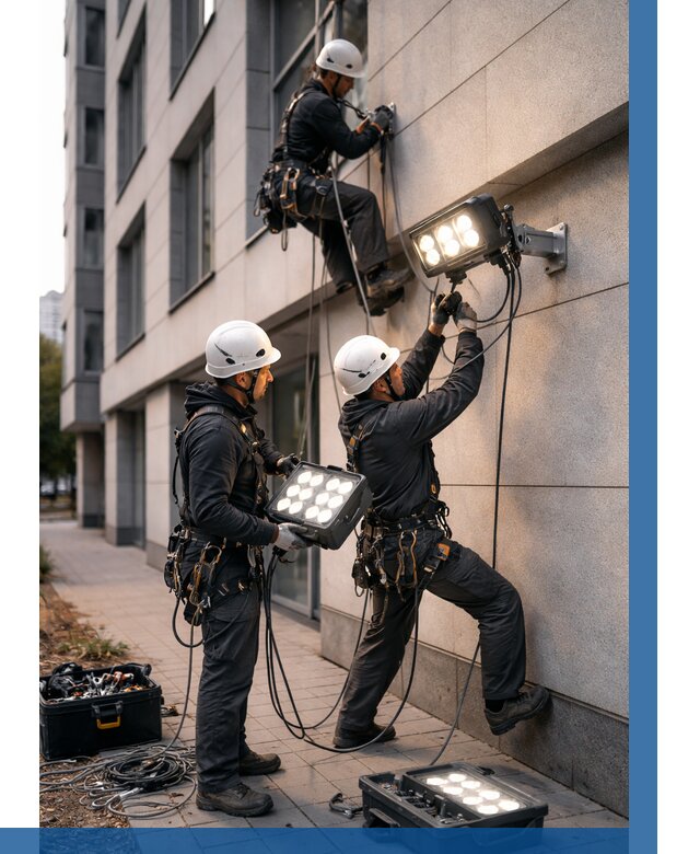 Монтаж прожекторов на фасаде в Протвине от 7631 р. | ВЫСОТНИК-Прн