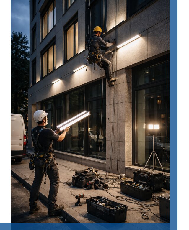 Монтаж архитектурной подсветки здания в Протвине от 2544 р.|ВЫСОТНИК-Прн