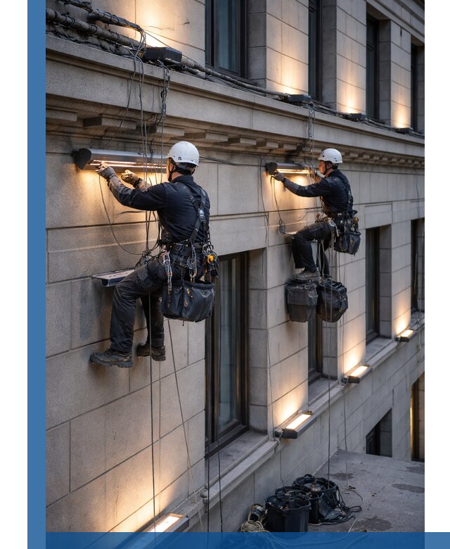 Монтаж архитектурной подсветки фасадов зданий в Протвине