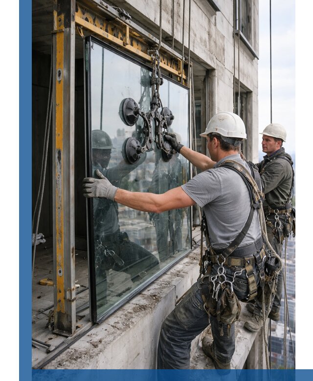 Монтаж стеклопакетов на высоте в Протвине с промышленным альпинизмом