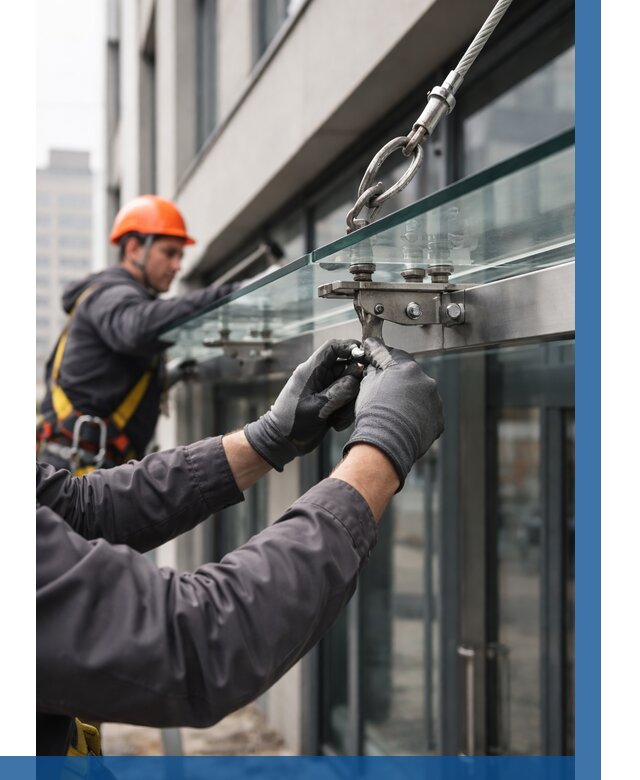 Монтаж стеклянных козырьков в Протвине от 8649 р. | ВЫСОТНИК-Прн