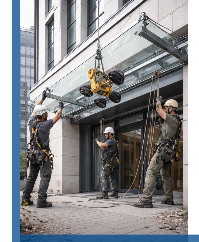 Монтаж стеклянных козырьков под ключ в Протвине для зданий