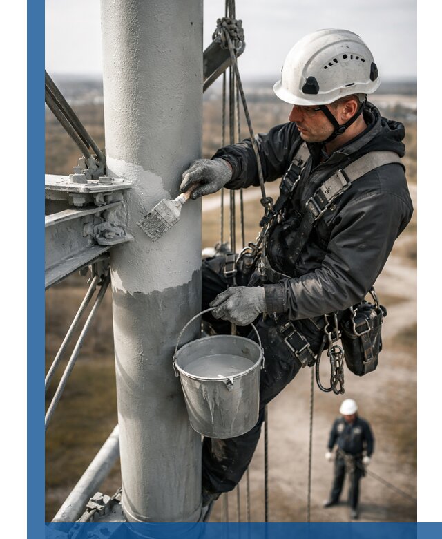Покраска мачт связи в Протвине промышленными альпинистами
