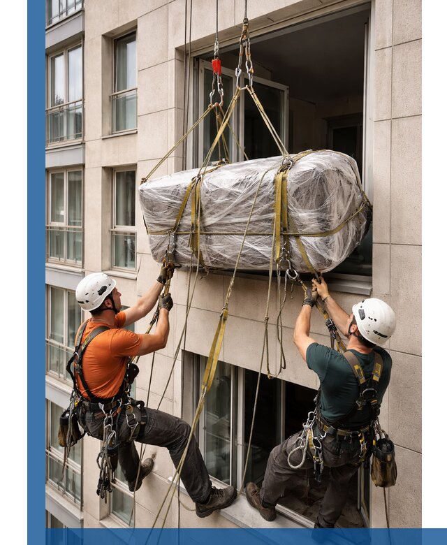 Подъем грузов через окно в Протвине промышленными альпинистами