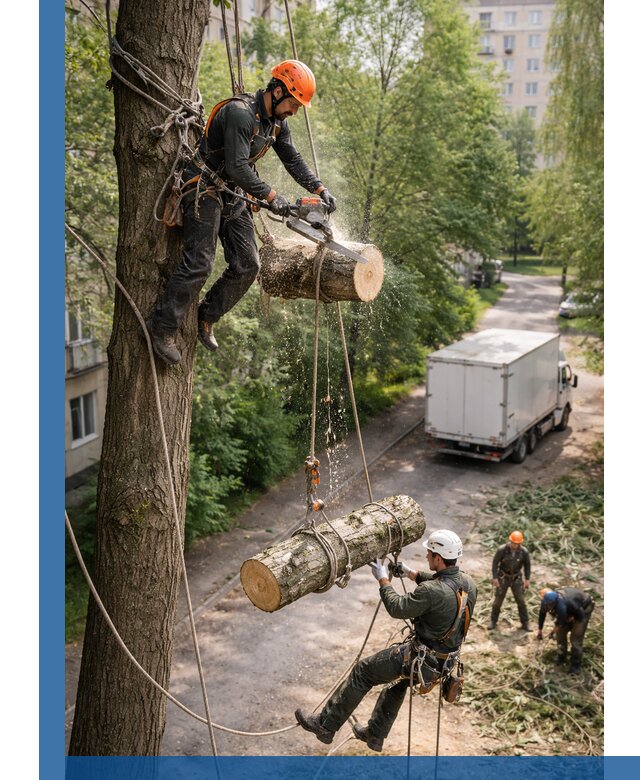 Спил деревьев альпинистами в Протвине, безопасно и без повреждений