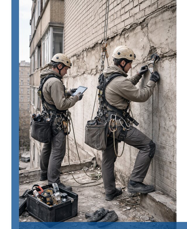 Обследование фасада промышленными альпинистами в Протвине